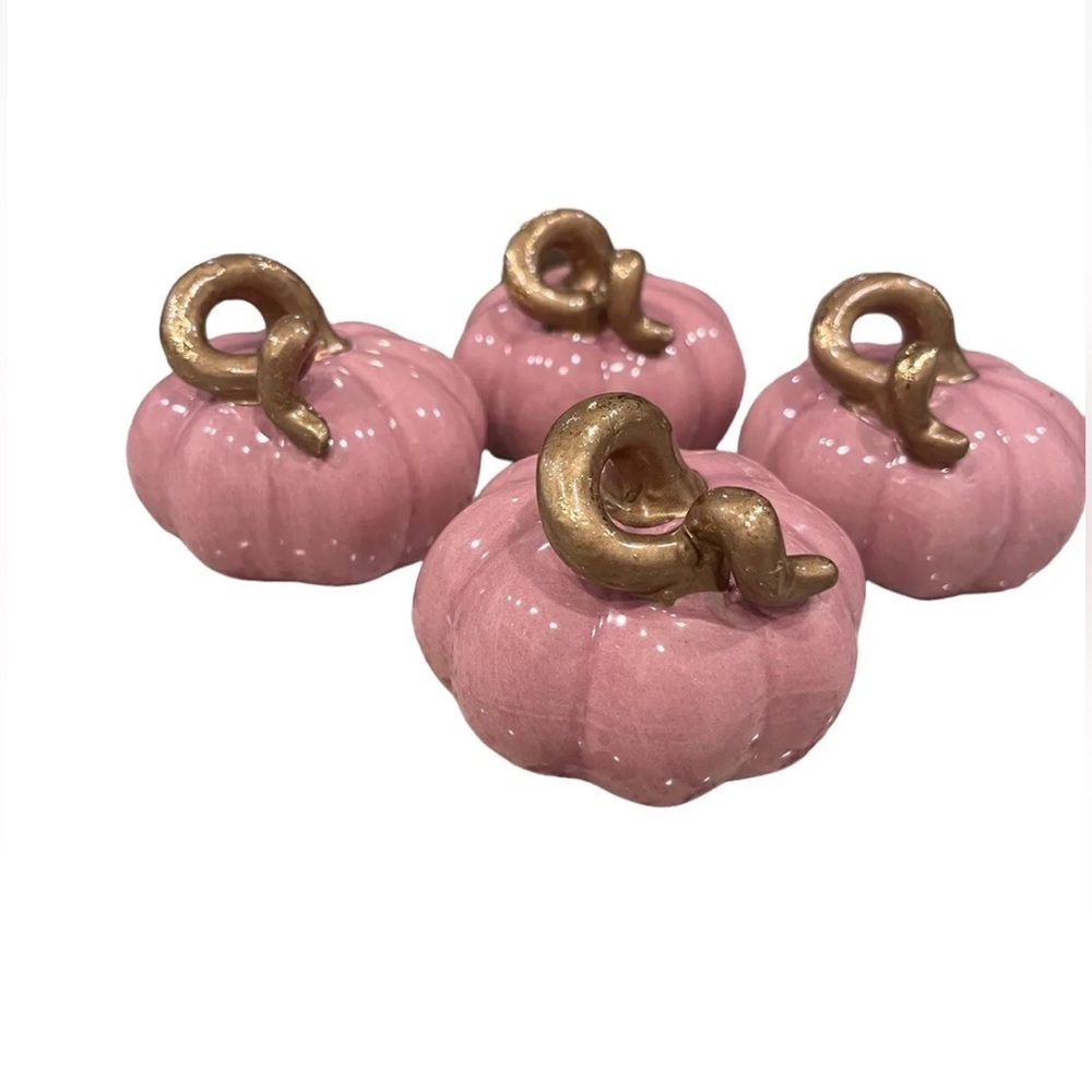Nicole Miller Blush Pink Glazed Ceramic Pumpkins with Gold Stalks Set of 4 - Picture 3 of 14